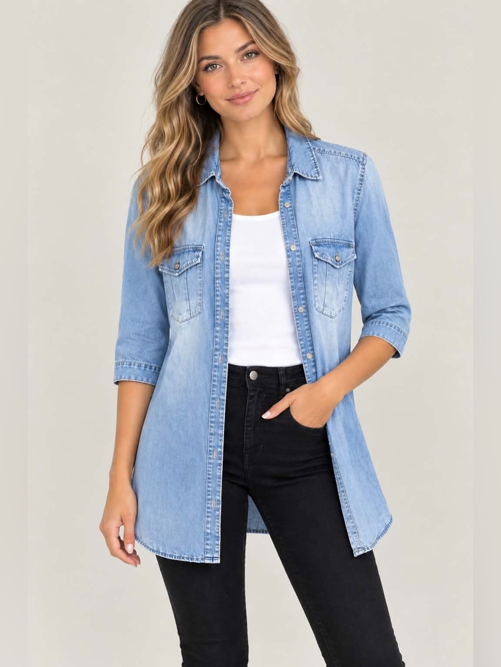 H&M-&Denim Brand Light Blue Denim Button-Down Shirt
